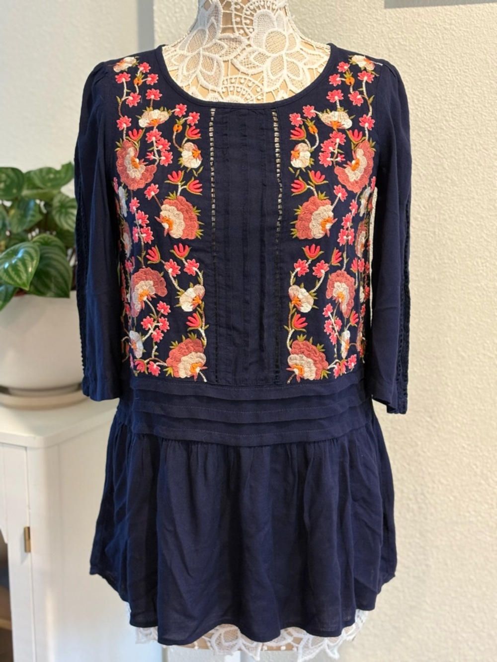 Anthropologie Floral Embroidered Peplum Blouse with Crochet Accents